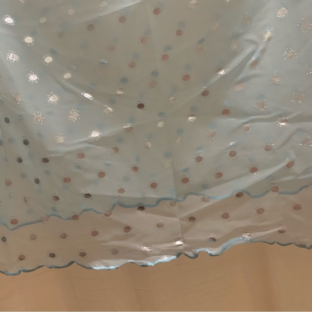 Baby Blue Mesh Crop Top with Silver Metallic Polkadots and Lettuce Trim Hem NWOT - Picture 9 of 12